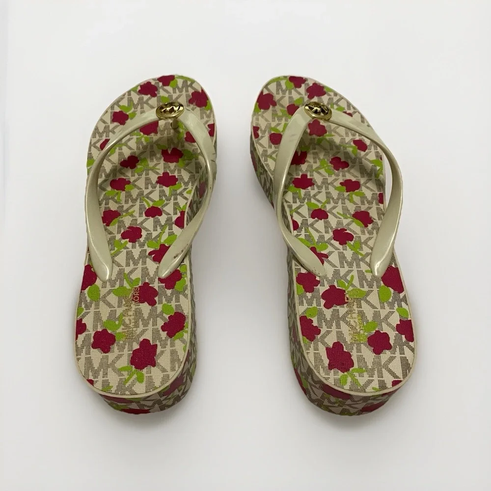 Michael Kors Women's Platform Flip Flops Wedges White/Floral Print Size 8